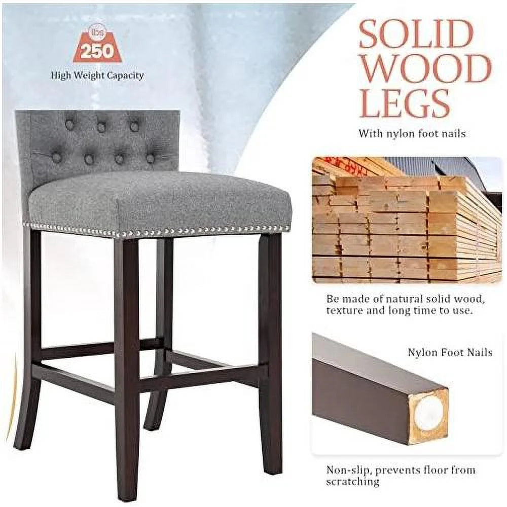 Linen Fabric Button Tufted Bar Stool with Back Solid Wood Legs G16897