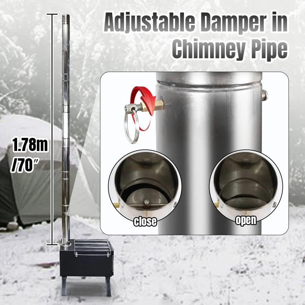 Camp Wood Stove with Chimney Pipes, Heat Resistant Glass & Gloves X570025