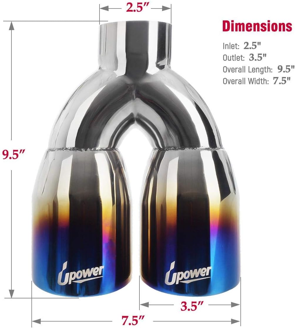 Dual Exhaust Tips 2.5" Inlet 3.5" Outlet 9.5" Length Blue Polished Stainless Steel Double Wall Pack of 2 K23942