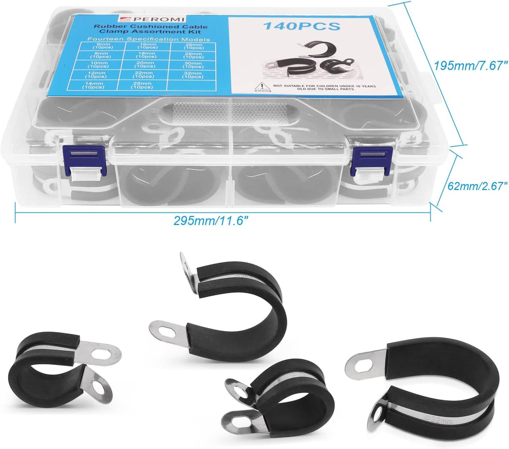 140pcs 304 Stainless Steel Rubber Cushioned Cable Clamps Assortment Kit S3089