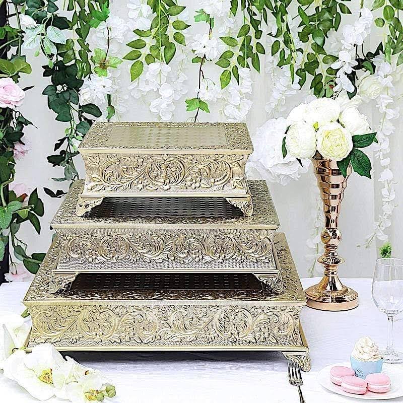 Gold Square Embossed Wedding Cake Stand Riser C689178