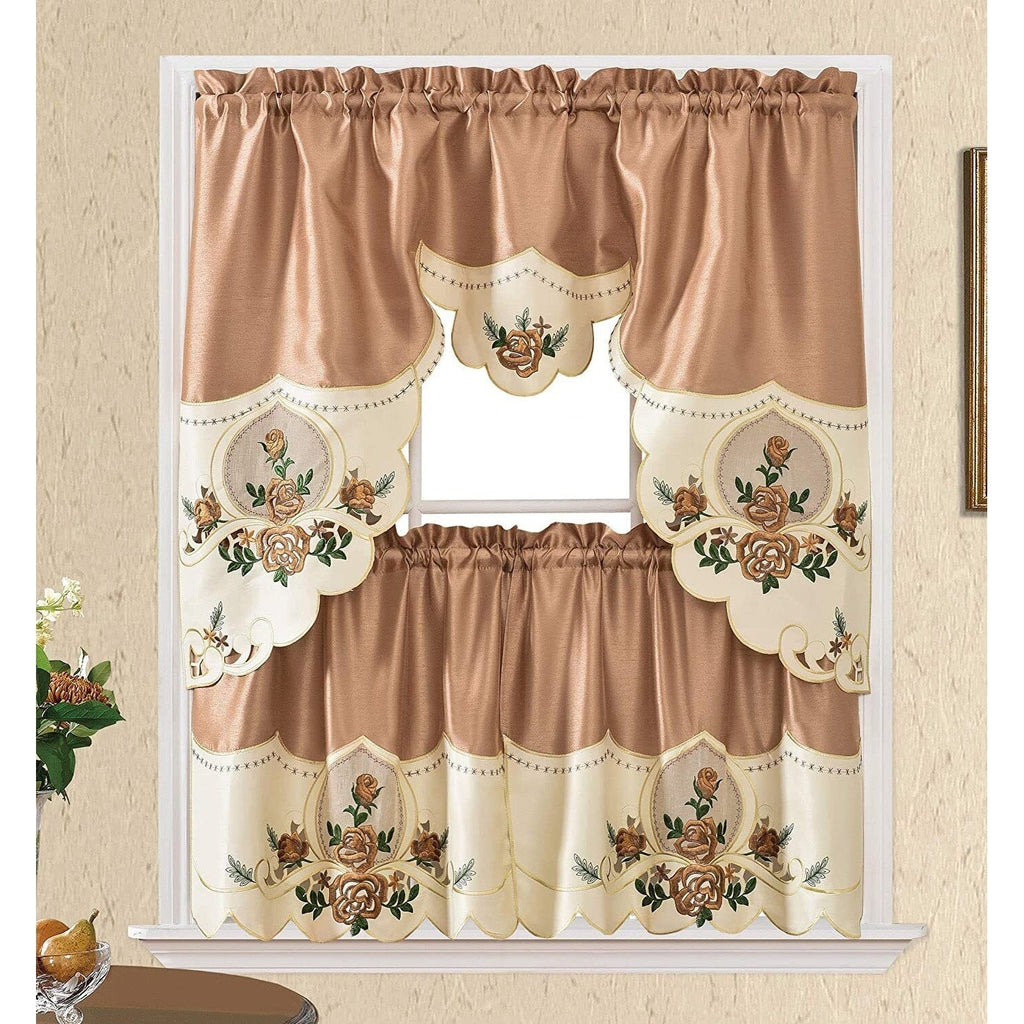 Gold Sun Flower Embroidery Kitchen Curtain 3PC Set K919