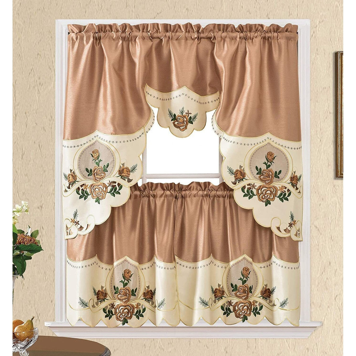 Gold Sun Flower Embroidery Kitchen Curtain 3PC Set K919
