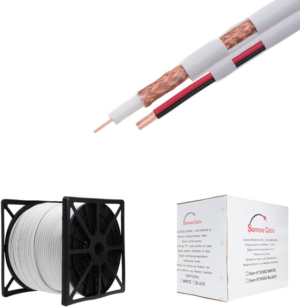 500FT Black Bulk Siamese RG59/U Cable, 20AWG + 18/2AWG, 95% Shielding, CCTV Video Wire, Pack of 2 Z635277