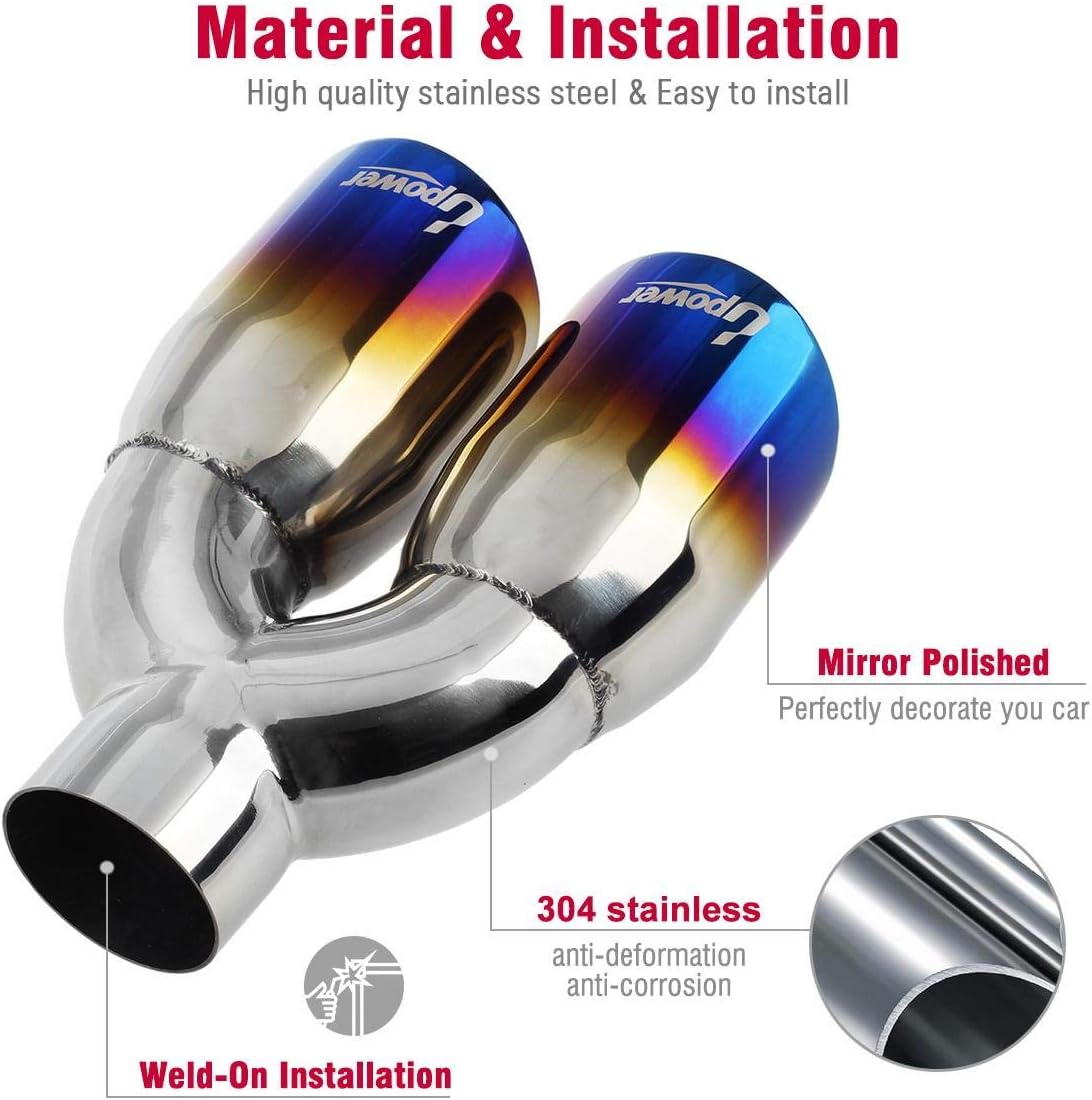 Dual Exhaust Tips 2.5" Inlet 3.5" Outlet 9.5" Length Blue Polished Stainless Steel Double Wall Pack of 2 K23942