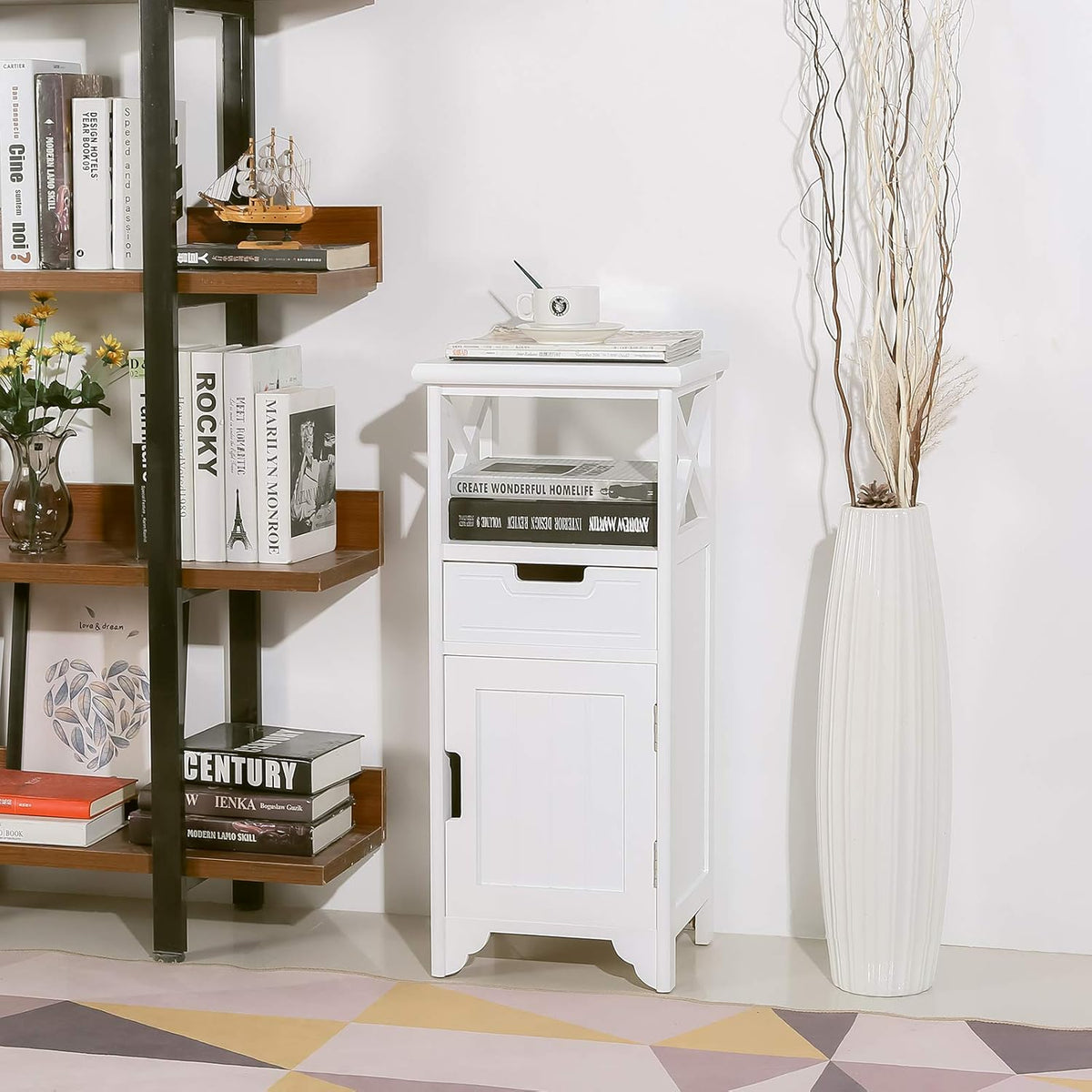 White Solid Wood End Table with Drawer and Doors A79255