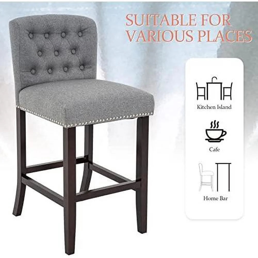 Linen Fabric Button Tufted Bar Stool with Back Solid Wood Legs G16897