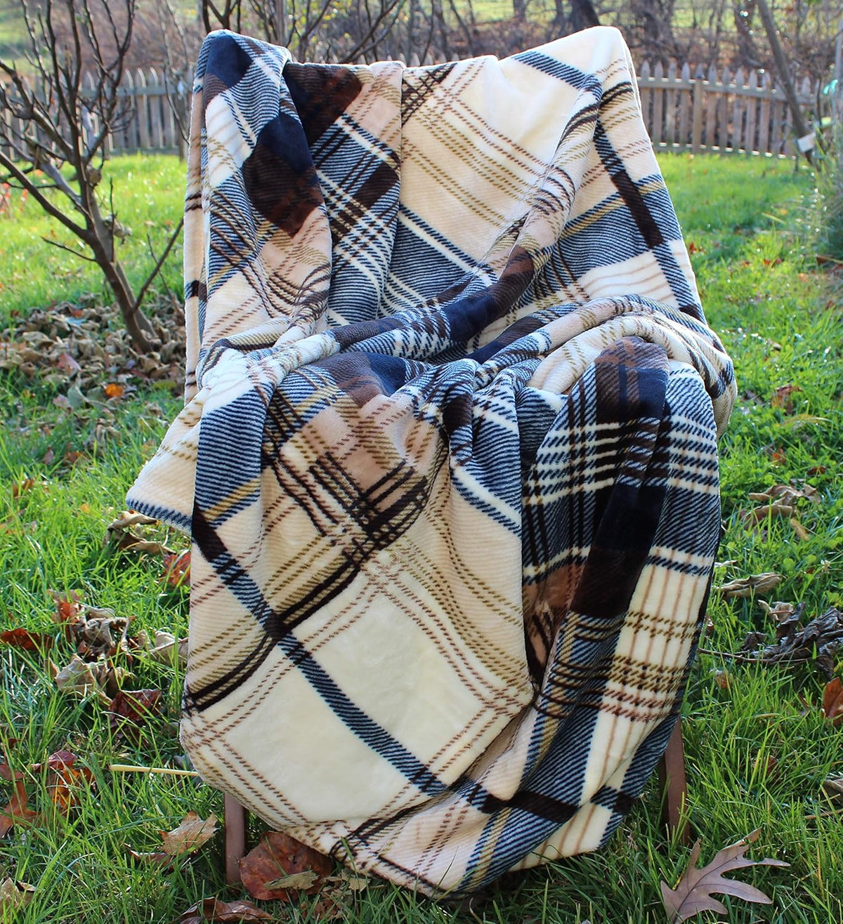 Blue Tan Farmhouse Plaid Plush Throw Blanket, 66x90 W162