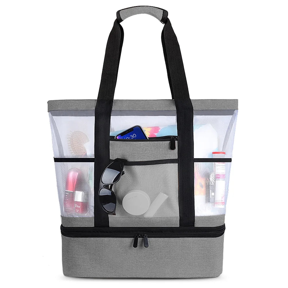 Gray Mesh Beach Tote with Zipper and Detachable Cooler D225778