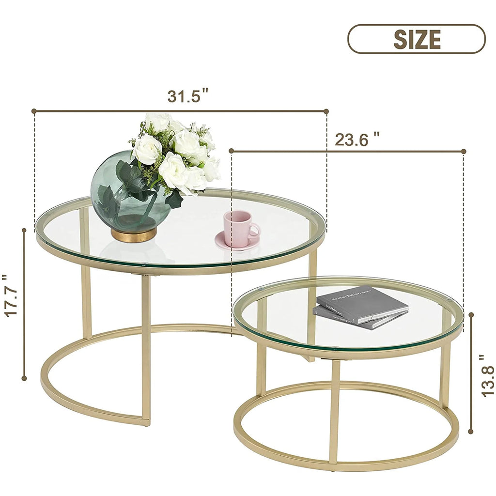 Gold Round Nesting Coffee Table Set of 2 with Tempered Glass H3942