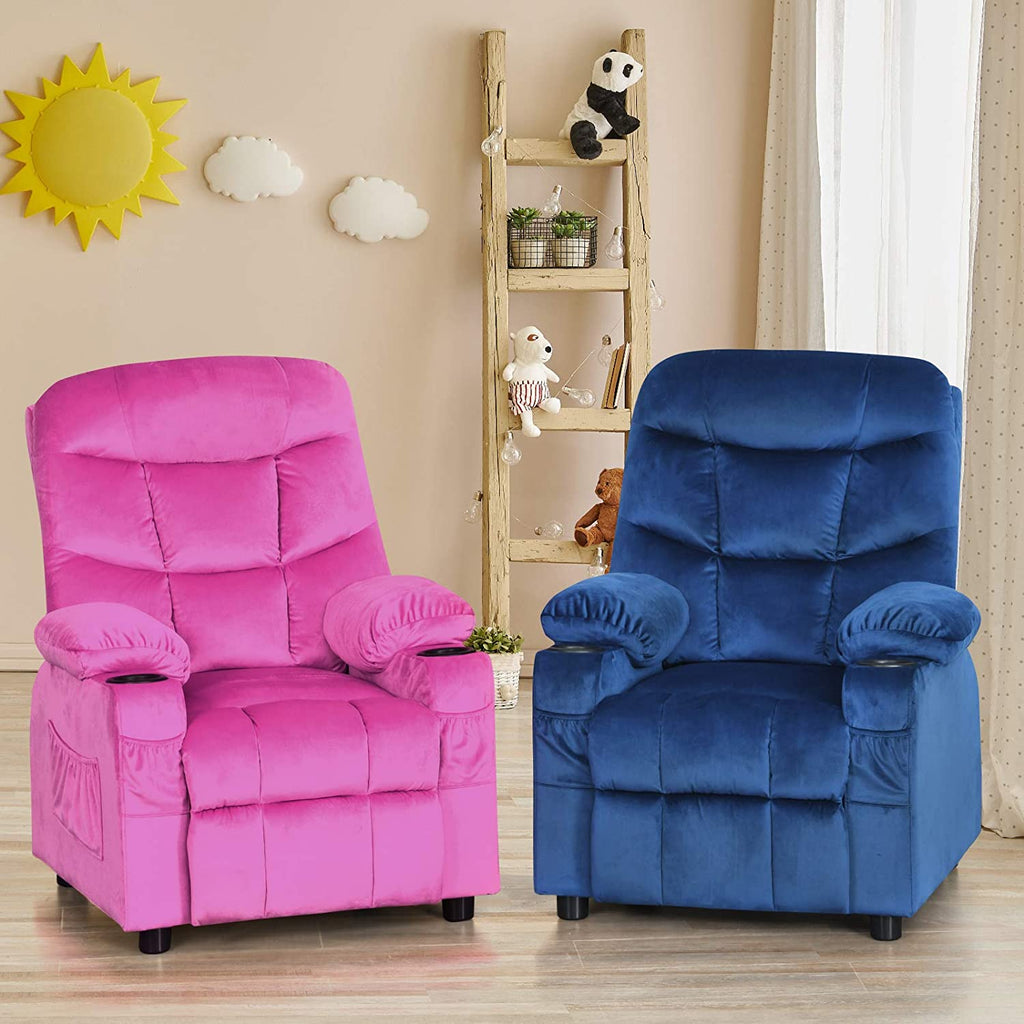 Kids Recliner Chair with Cup Holder Adjustable Velvet Lounge Chair w/Footrest & Side Pockets Ergonomic Toddler Furniture Sofa T326