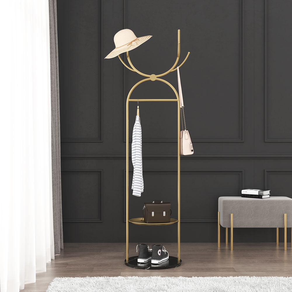 Metal Coat Rack Stand with Shelves and Hooks, Marble Base Z200