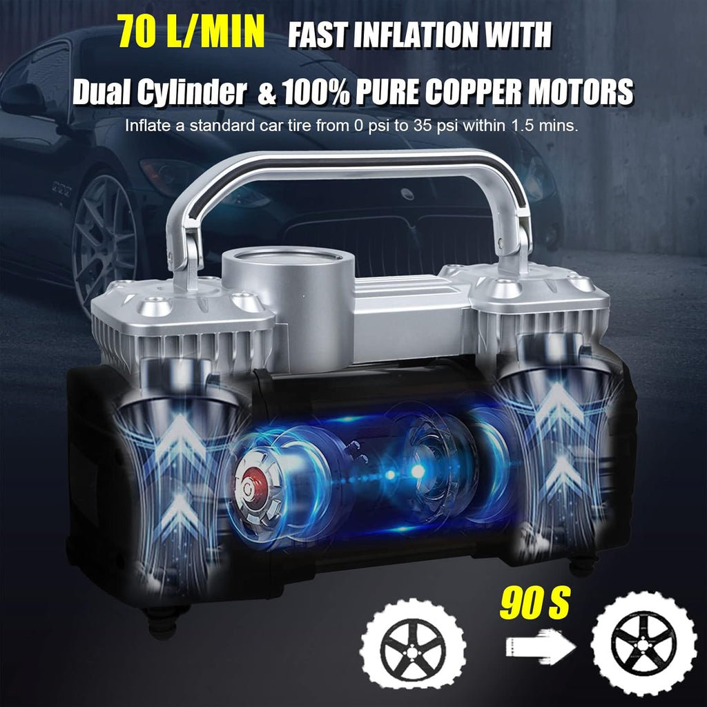 150Psi 12V Dual Cylinders Air Compressor Pump with Tire Repair Kit Q88216
