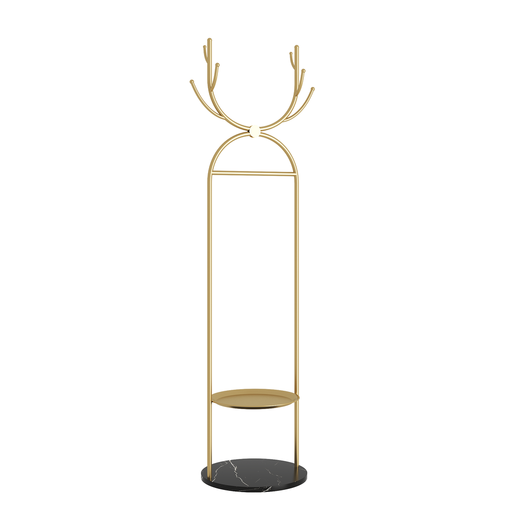Metal Coat Rack Stand with Shelves and Hooks, Marble Base Z200